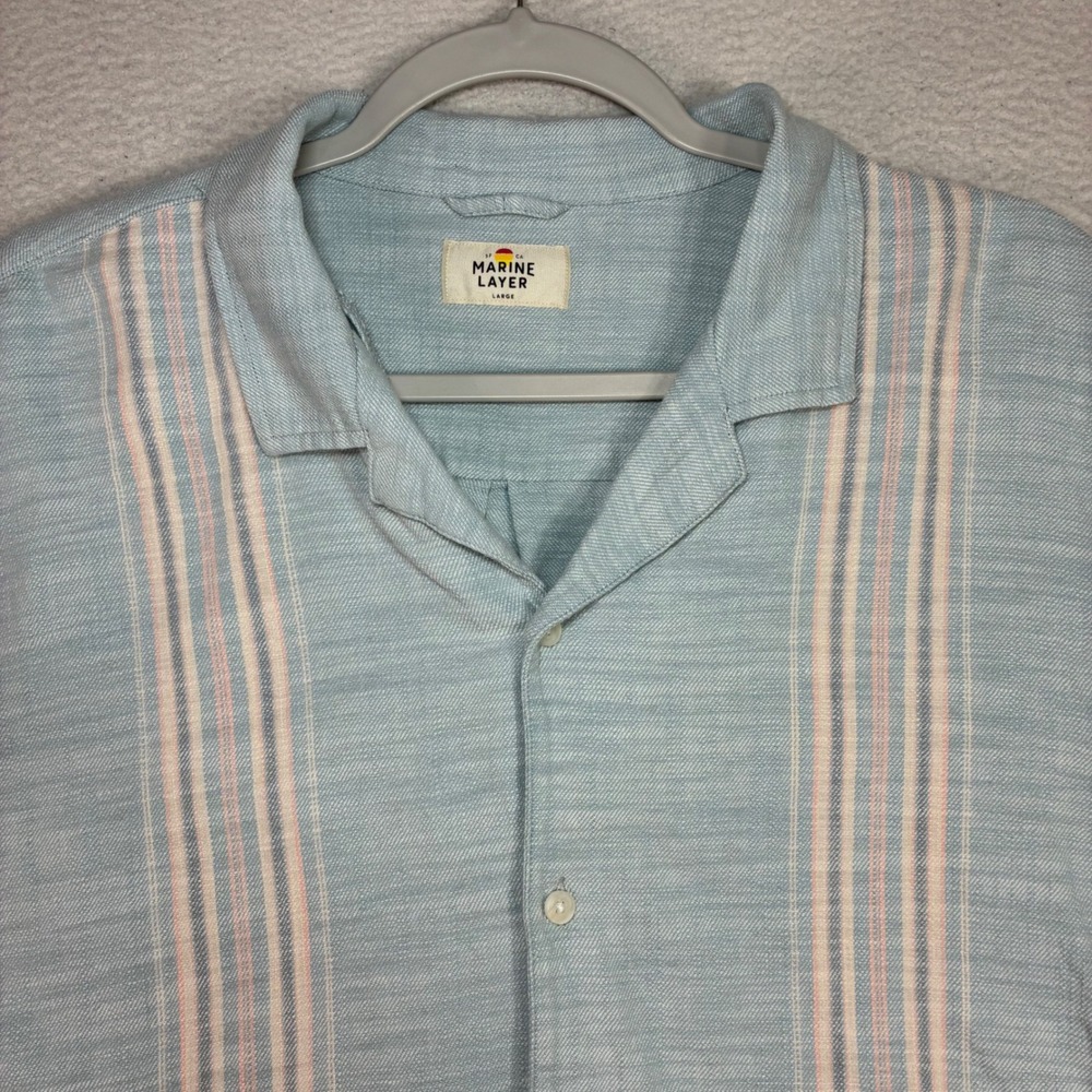 Marine Layer Selvage Button Shirt Men L Blue Striped Camp Cotton Stretch Short